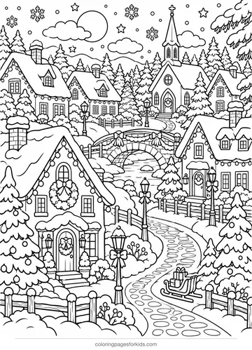 Christmas coloring page of a snowy village with houses and sleigh, detailed printable for ages 7-10