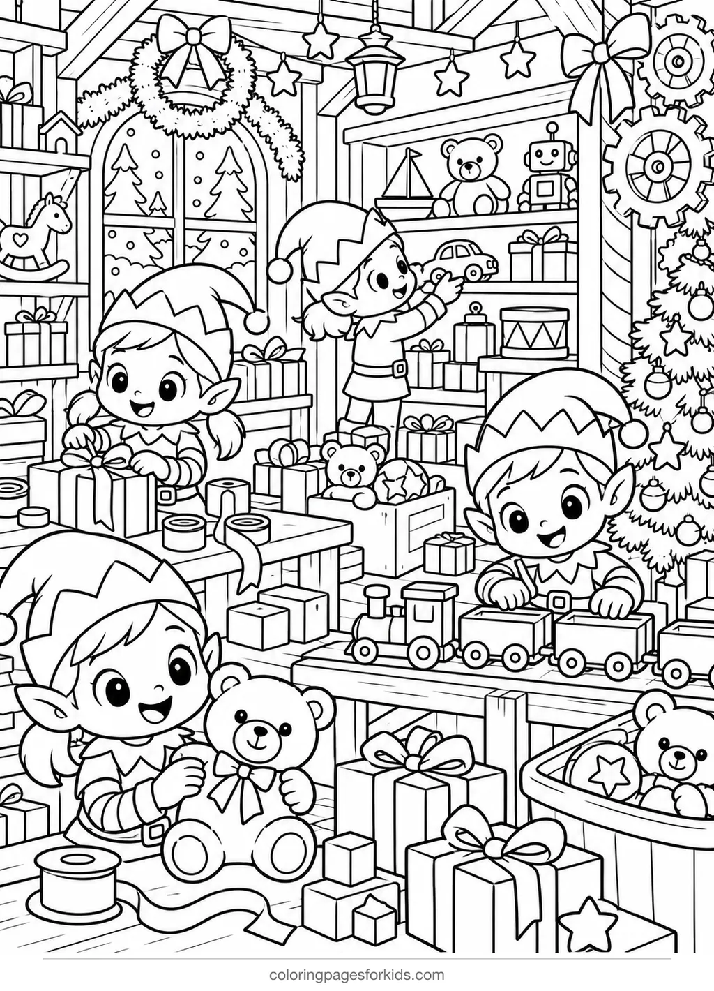Christmas coloring page of elves building toys in a workshop, detailed printable for ages 7-10