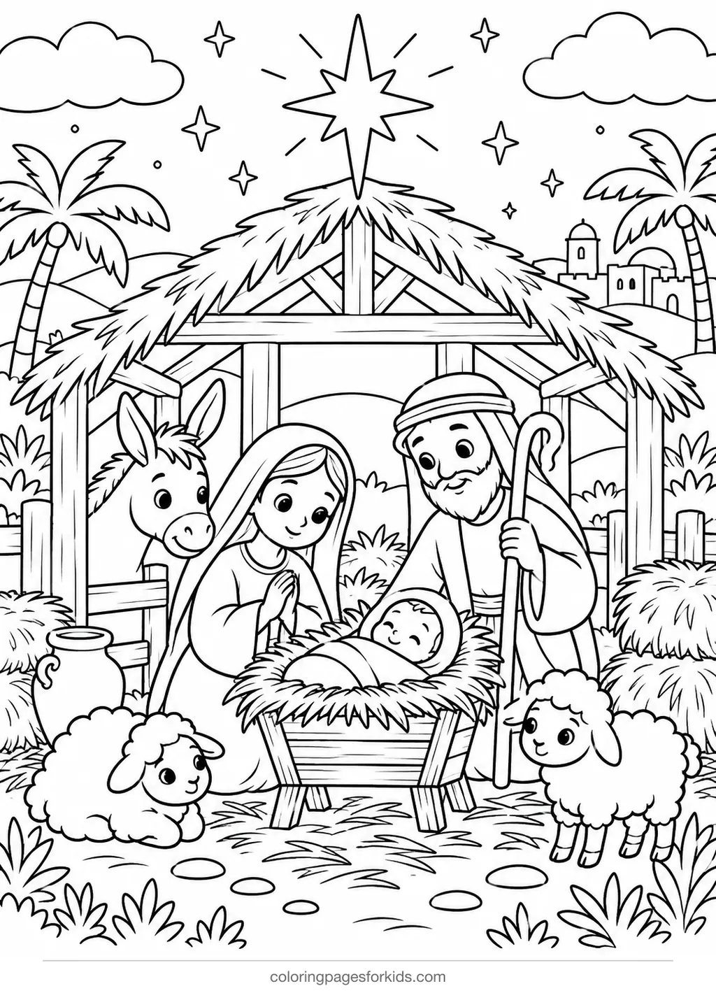 Christmas coloring page of a nativity stable with animals, detailed printable for ages 7-10
