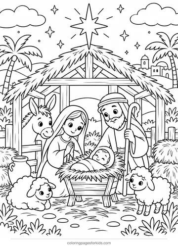Christmas coloring page of a nativity stable with animals, detailed printable for ages 7-10