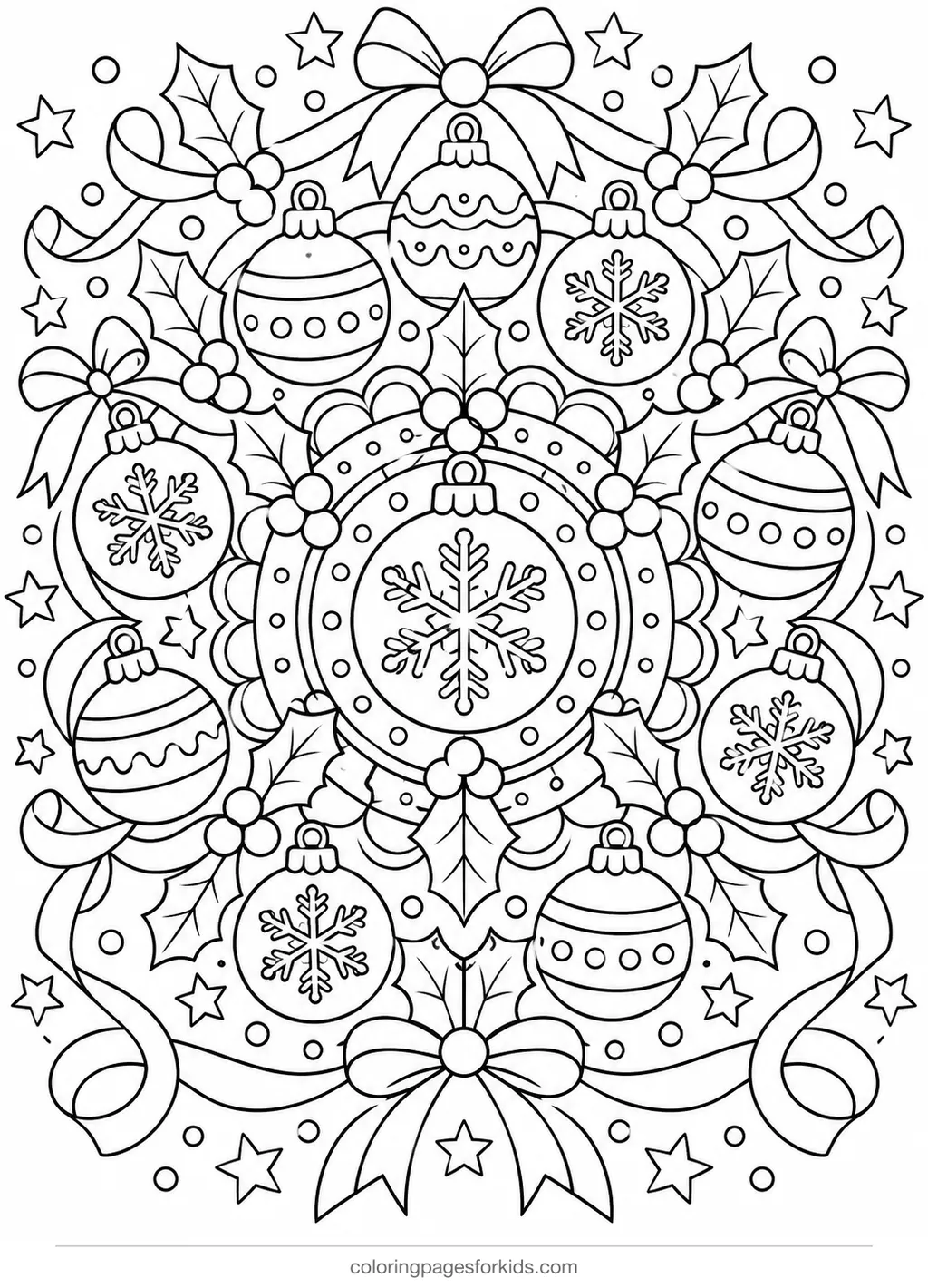 Christmas coloring page of an ornaments mandala with snowflakes and holly, detailed printable for ages 7-10