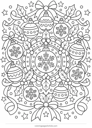 Christmas coloring page of an ornaments mandala with snowflakes and holly, detailed printable for ages 7-10