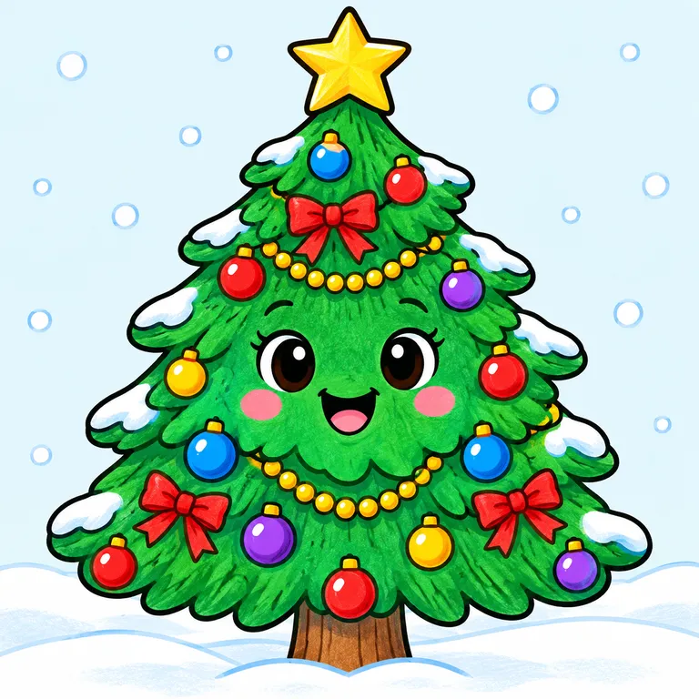 Colored example of a simple smiling Christmas tree coloring page for kids