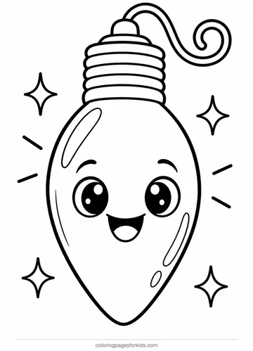 Christmas lights coloring page of one smiling bulb, easy black-and-white printable for ages 3-5