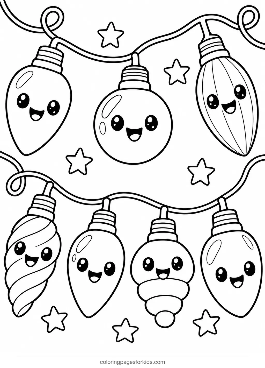 Christmas lights coloring page of seven smiling bulbs on a string, easy printable for ages 3-5