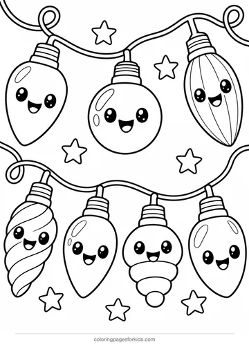 Christmas lights coloring page of seven smiling bulbs on a string, easy printable for ages 3-5