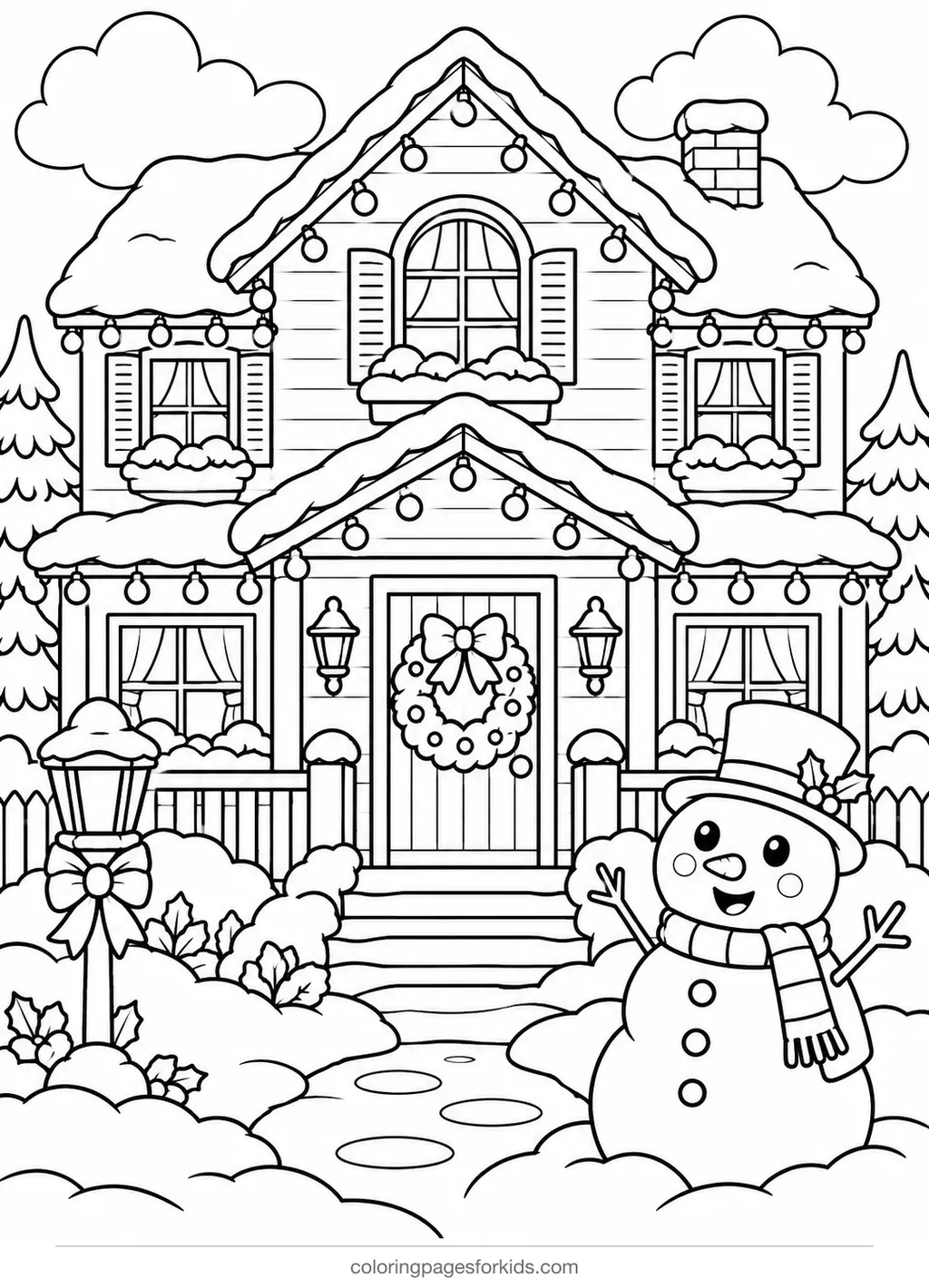 Christmas lights coloring page of a decorated house and snowman, medium printable for ages 5-7