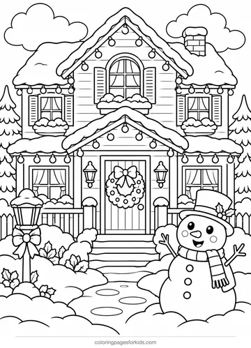 Christmas lights coloring page of a decorated house and snowman, medium printable for ages 5-7