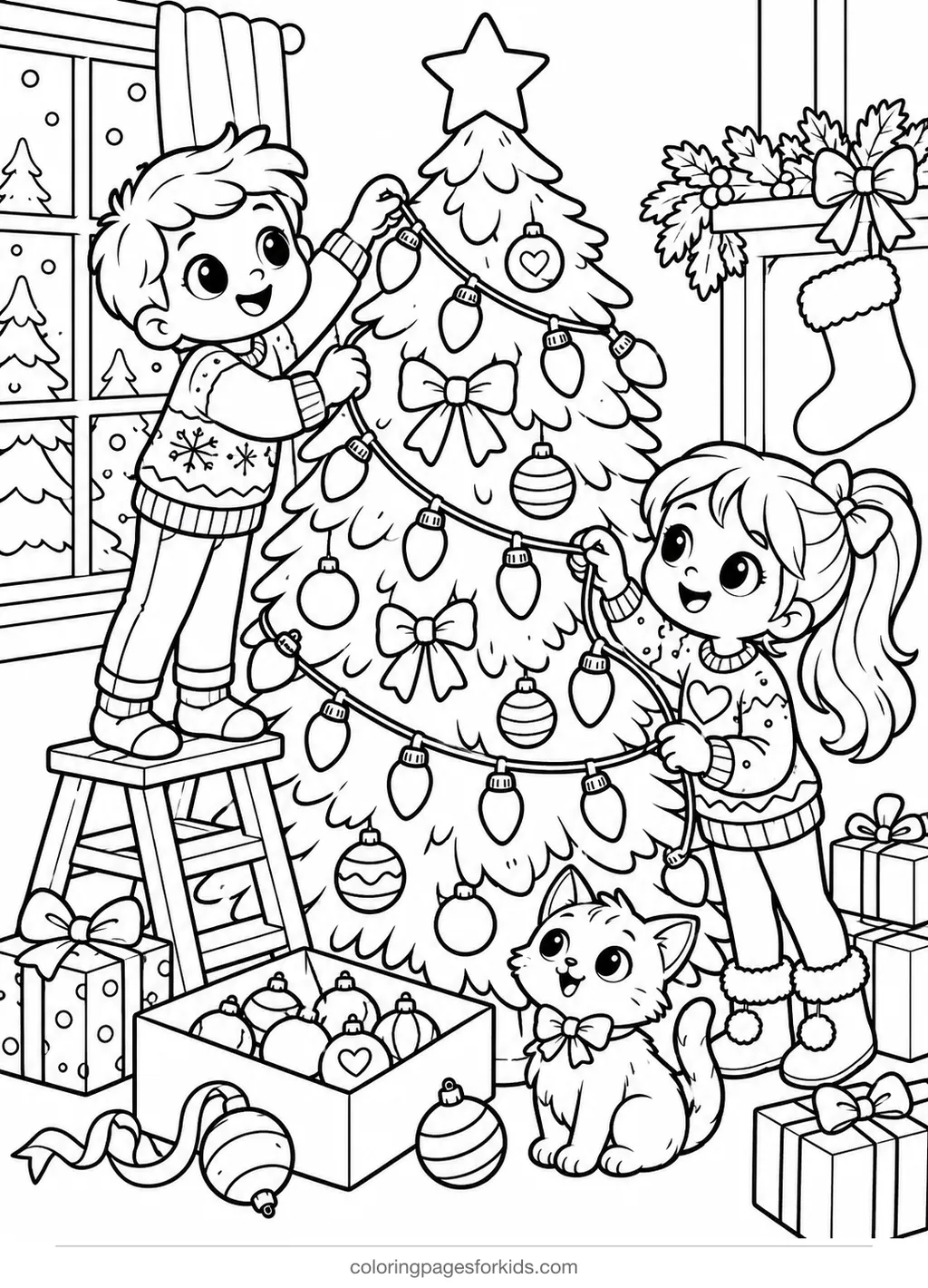 Christmas lights coloring page of cartoon kids decorating a tree, medium printable for ages 5-7
