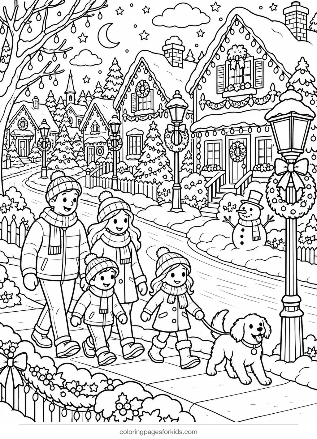 Christmas lights coloring page of a snowy decorated neighborhood, detailed printable for ages 7-10