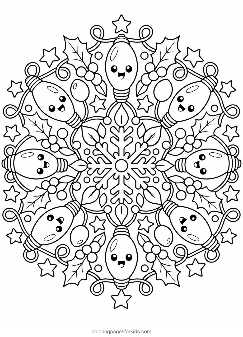 Christmas lights coloring page of a bulb mandala, detailed black-and-white printable for ages 7-10