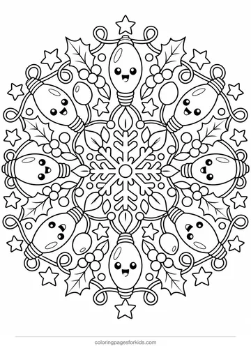 Christmas lights coloring page of a bulb mandala, detailed black-and-white printable for ages 7-10