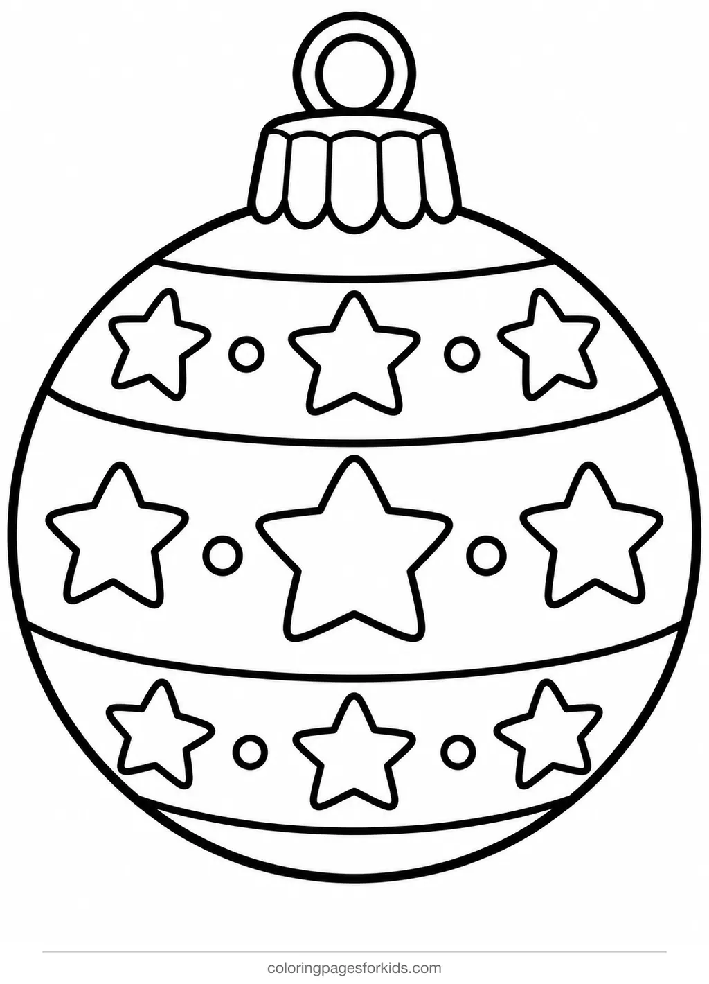 Christmas ornament coloring page of a round bauble with star bands, easy black-and-white printable for ages 3-5