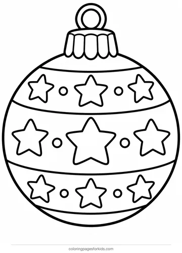 Christmas ornament coloring page of a round bauble with star bands, easy black-and-white printable for ages 3-5