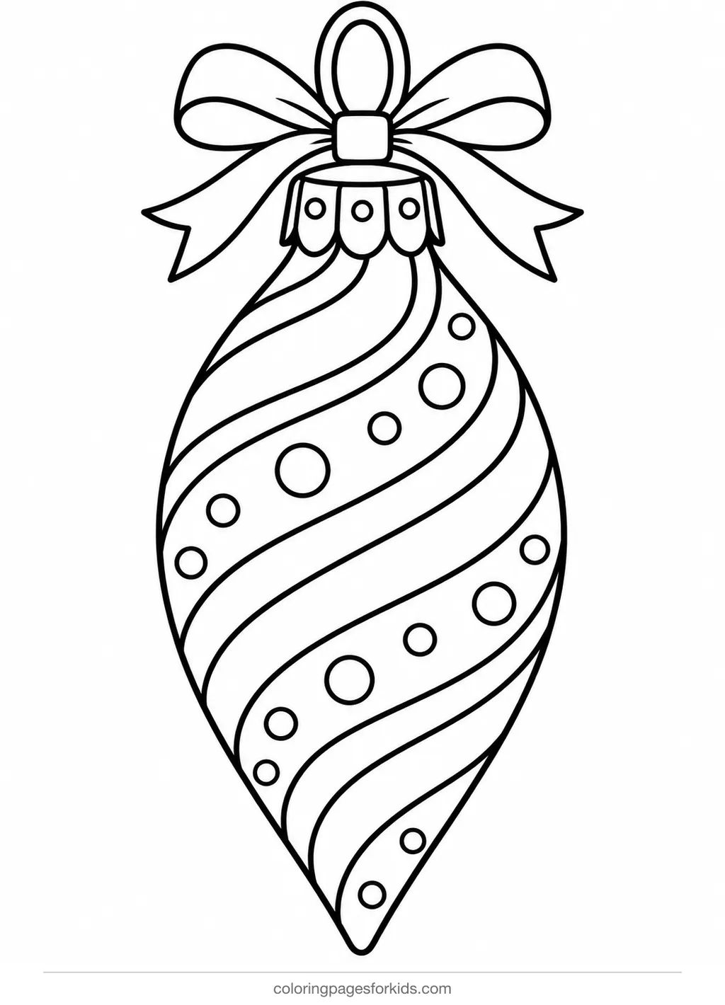 Christmas ornament coloring page of a teardrop ornament with swirls, easy printable for ages 3-5