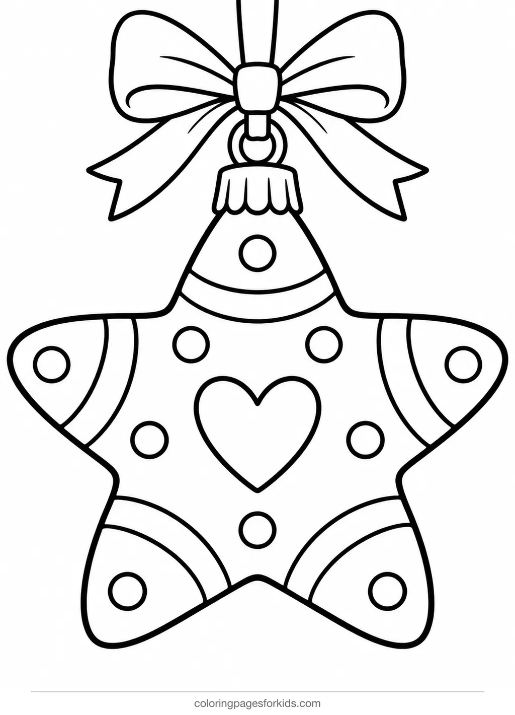 Christmas ornament coloring page of a puffy star on a ribbon, easy black-and-white printable for ages 3-5