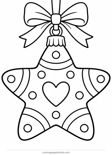 Christmas ornament coloring page of a puffy star on a ribbon, easy black-and-white printable for ages 3-5