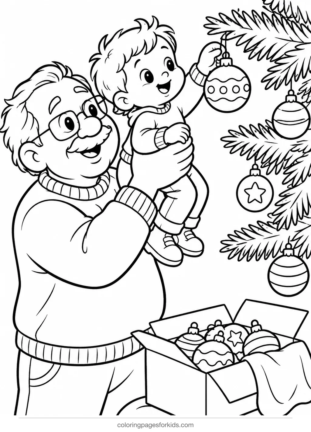 Christmas ornament coloring page of grandpa helping a toddler hang a bauble, medium printable for ages 5-7