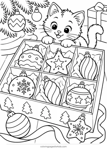 Christmas ornament coloring page of a box of ornaments with a kitten, medium printable for ages 5-7