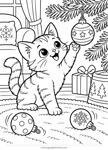 Christmas ornament coloring page of a kitten batting a hanging bauble, medium printable for ages 5-7