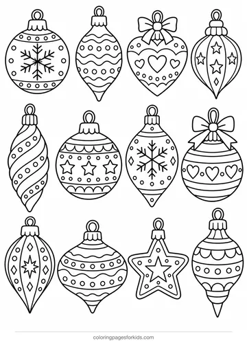 Christmas ornament coloring page of twelve patterned ornaments, detailed printable for ages 7-10