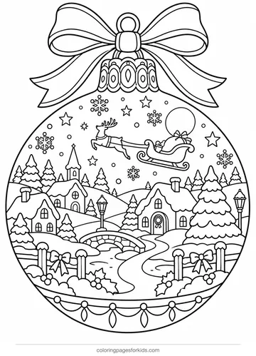 Christmas ornament coloring page of a giant bauble with a winter village, detailed printable for ages 7-10