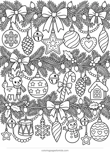 Christmas ornament coloring page of ornaments on a pine garland, detailed printable for ages 7-10