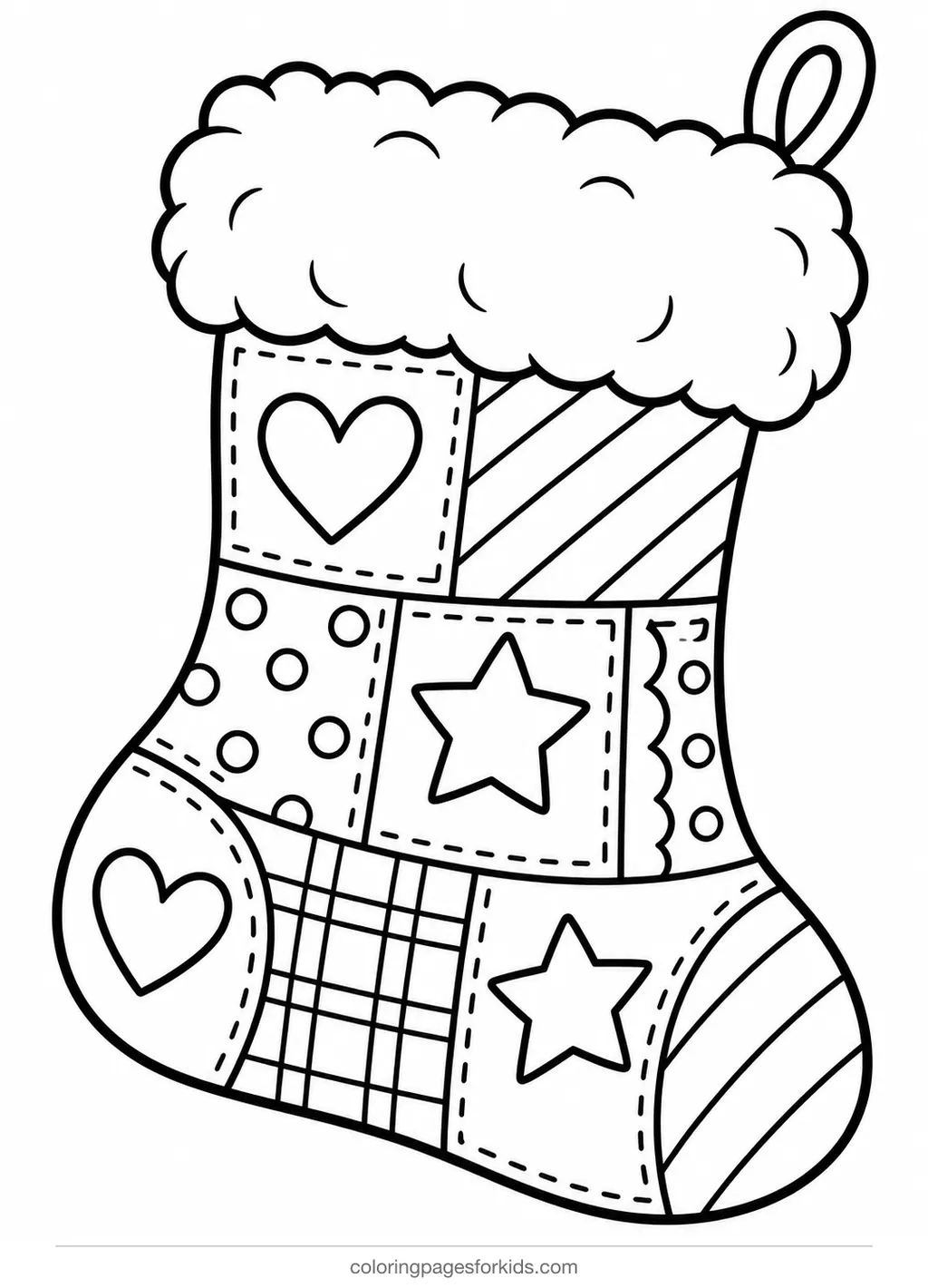 Christmas stocking coloring page of a patchwork stocking, easy printable for ages 3-5