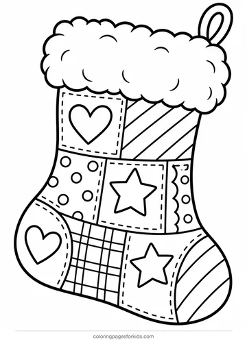 Christmas stocking coloring page of a patchwork stocking, easy printable for ages 3-5