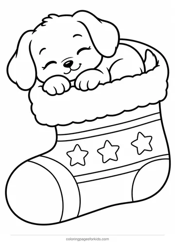 Christmas stocking coloring page of a puppy sleeping in a stocking, easy printable for ages 3-5