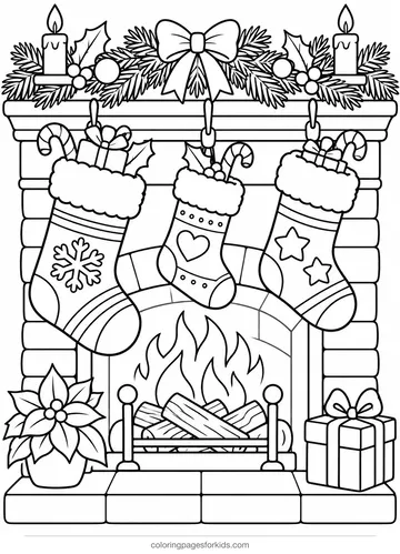 Christmas stocking coloring page of stockings on a fireplace, medium printable for ages 5-7