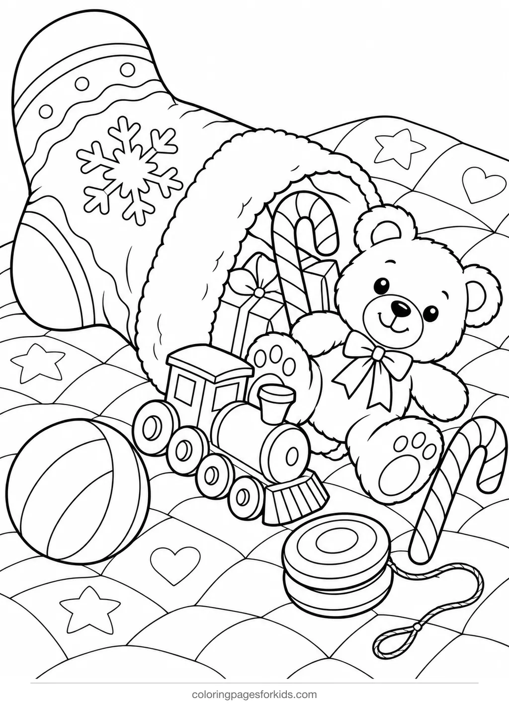 Christmas stocking coloring page of a stocking with toys, medium printable for ages 5-7
