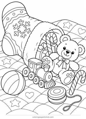 Christmas stocking coloring page of a stocking with toys, medium printable for ages 5-7