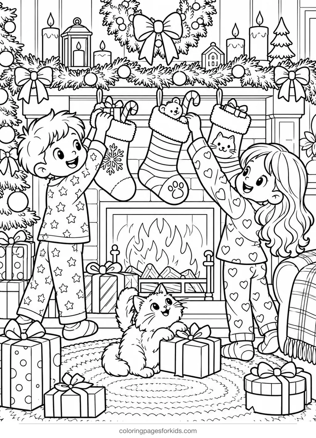 Christmas stocking coloring page of a family mantel scene, detailed printable for ages 7-10