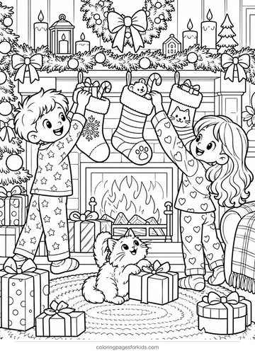 Christmas stocking coloring page of a family mantel scene, detailed printable for ages 7-10