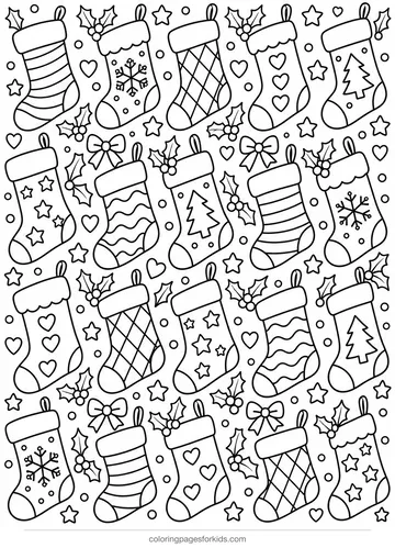 Christmas stocking coloring page of a stocking pattern, detailed printable for ages 7-10
