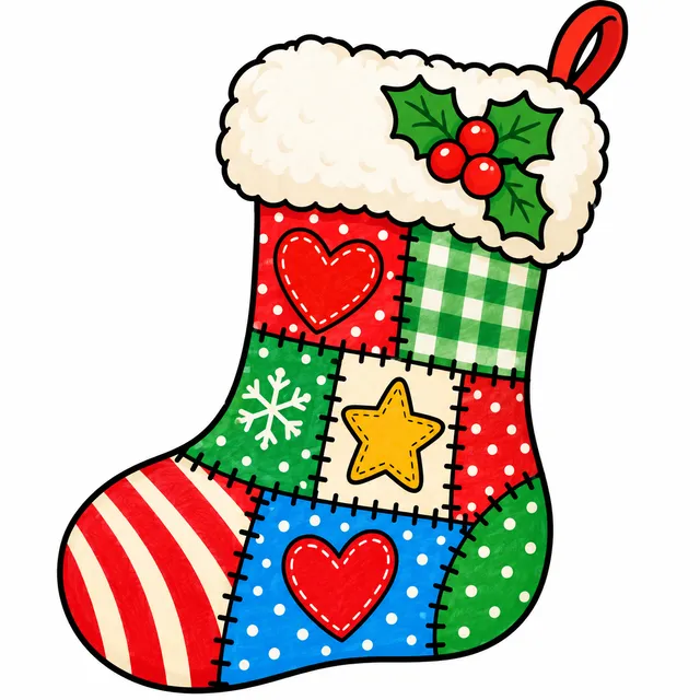 Colored example of a cute patchwork Christmas stocking with hearts and stars