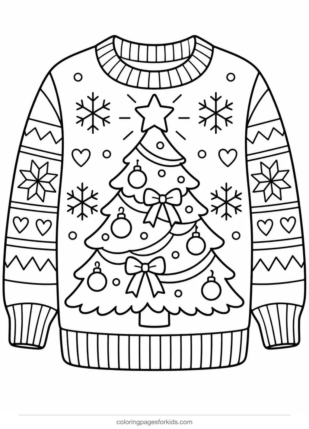 Christmas sweater coloring page of a sweater with one big tree, easy black-and-white printable for ages 3-5