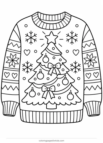 Christmas sweater coloring page of a sweater with one big tree, easy black-and-white printable for ages 3-5