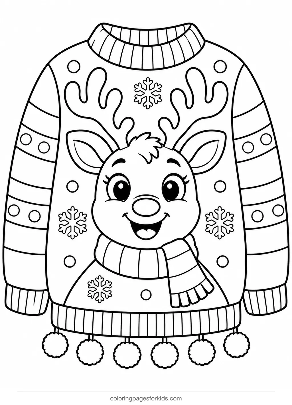 Christmas sweater coloring page of a smiling reindeer face sweater, easy printable for ages 3-5