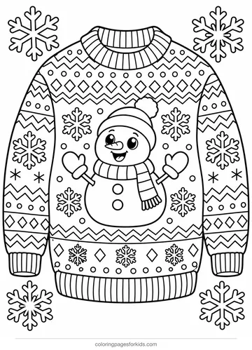 Christmas sweater coloring page of snowflake patterns and a snowman, medium printable for ages 5-7