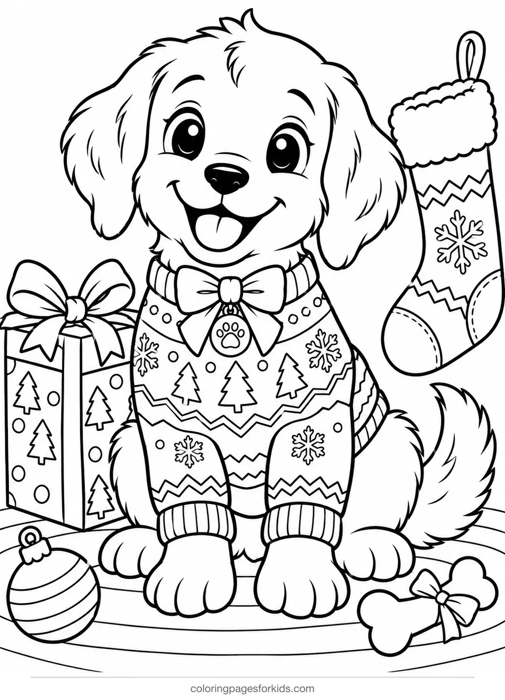 Christmas sweater coloring page of a puppy in a patterned sweater, medium printable for ages 5-7