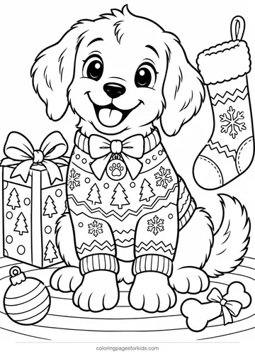 Christmas sweater coloring page of a puppy in a patterned sweater, medium printable for ages 5-7
