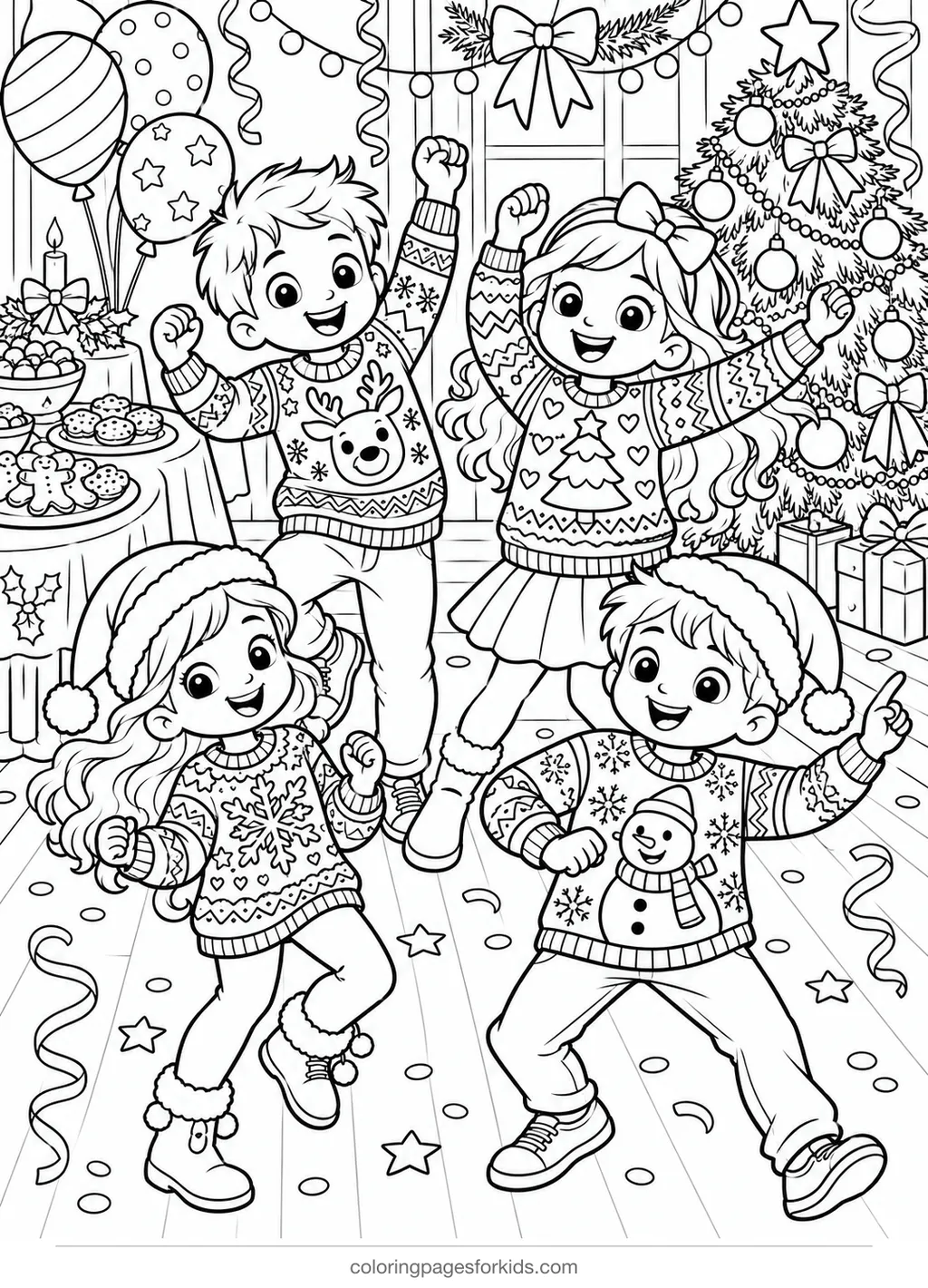 Christmas sweater coloring page of kids at an ugly sweater party, detailed printable for ages 7-10
