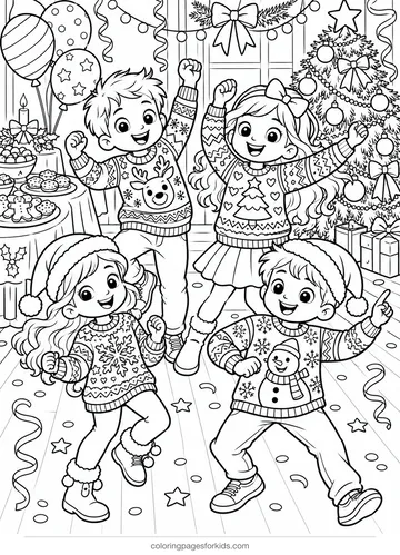 Christmas sweater coloring page of kids at an ugly sweater party, detailed printable for ages 7-10