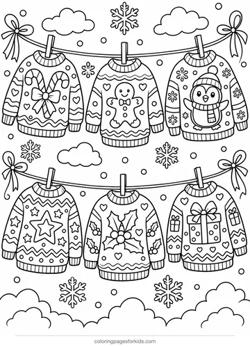 Christmas sweater coloring page of six patterned sweaters on a line, detailed printable for ages 7-10