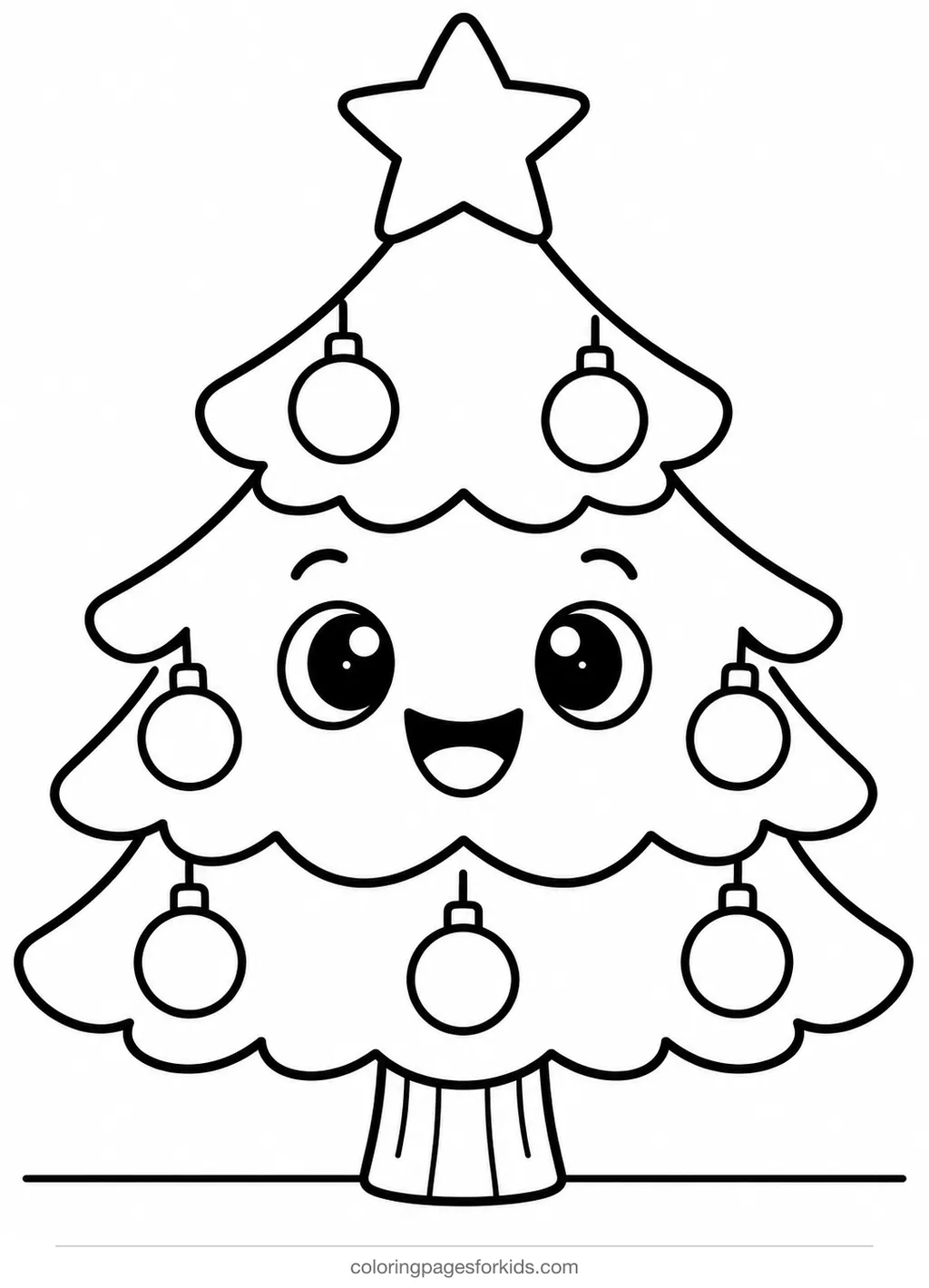Christmas tree coloring page of a small tree with round ornaments, easy printable for ages 3-5