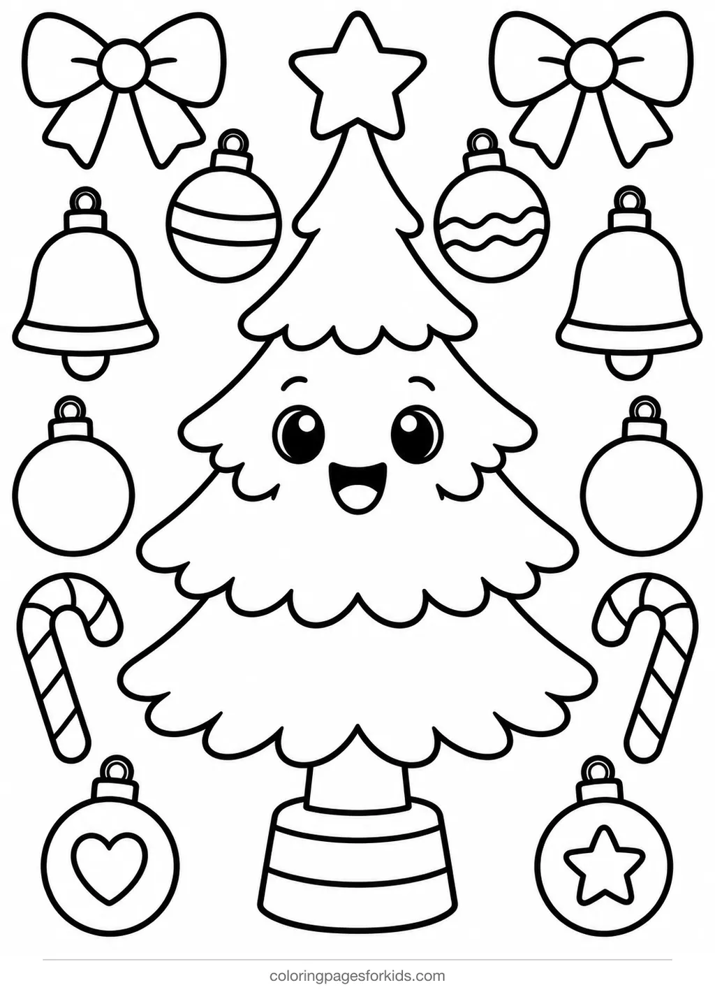 Christmas tree coloring page with separate ornaments, easy printable for ages 3-5