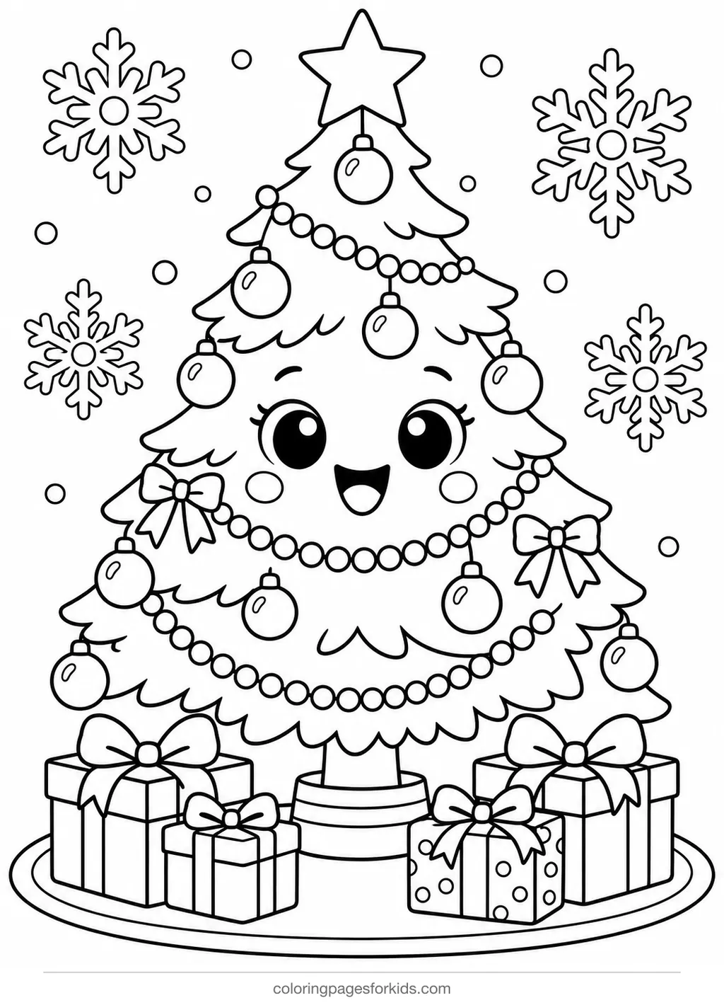 Christmas tree coloring page with presents under the tree, medium printable for ages 5-7