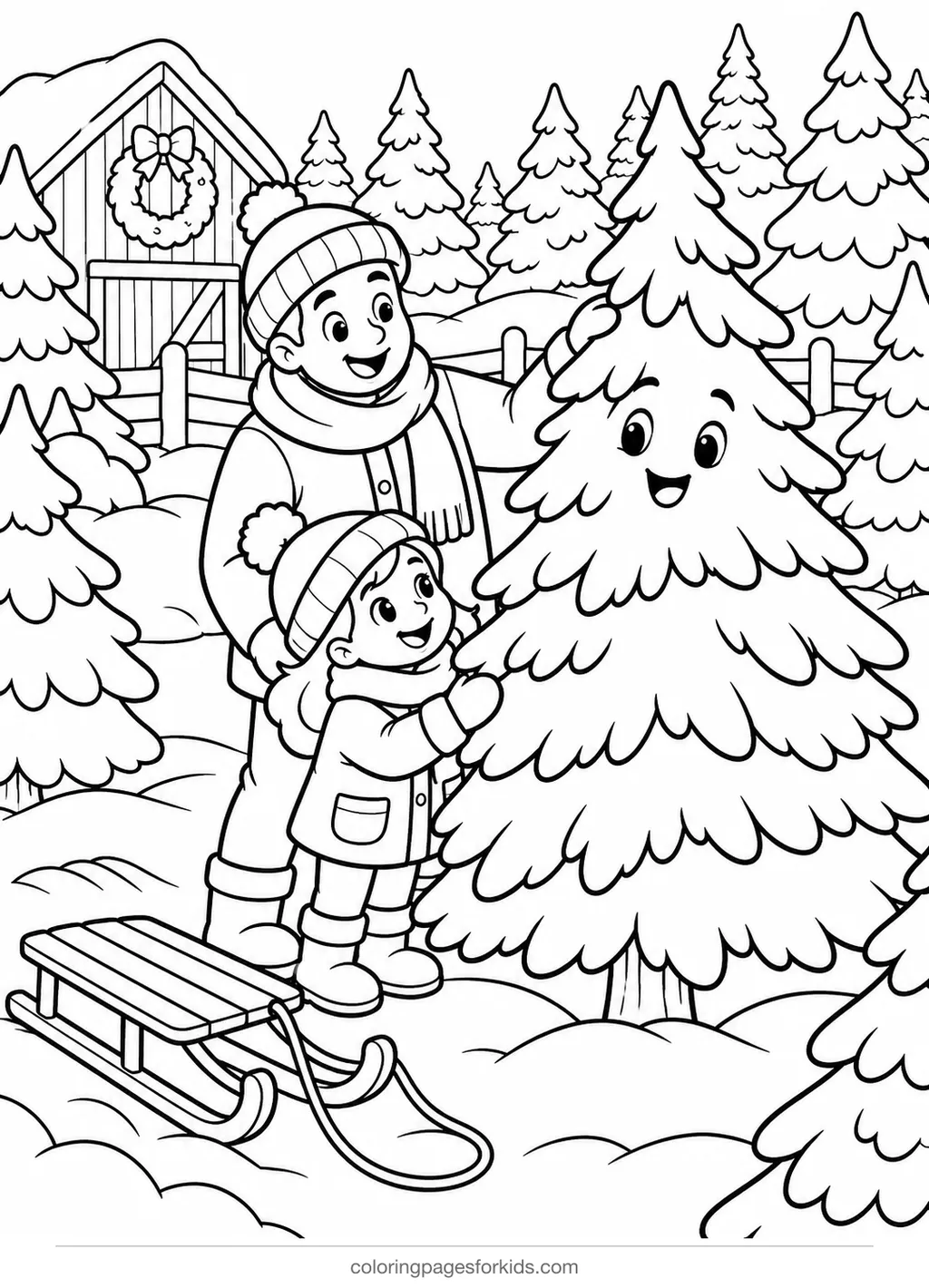 Christmas tree coloring page of a tree farm with sled, medium printable for ages 5-7